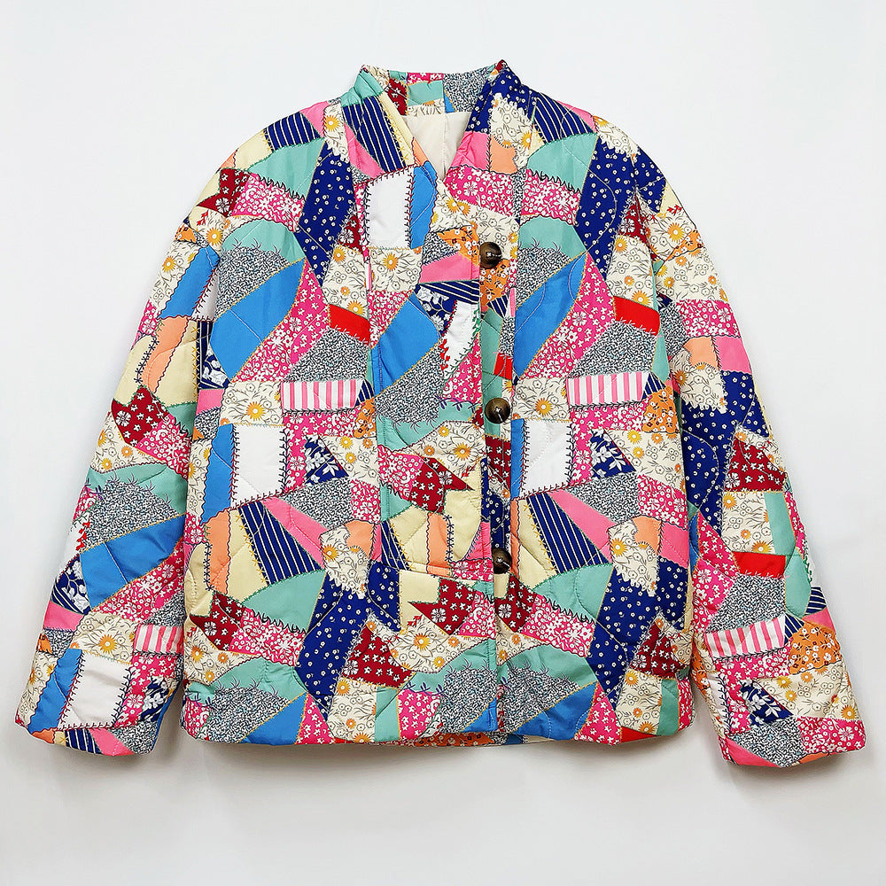 Quilted Cotton Printing Colour-Contrast Cotton Coat