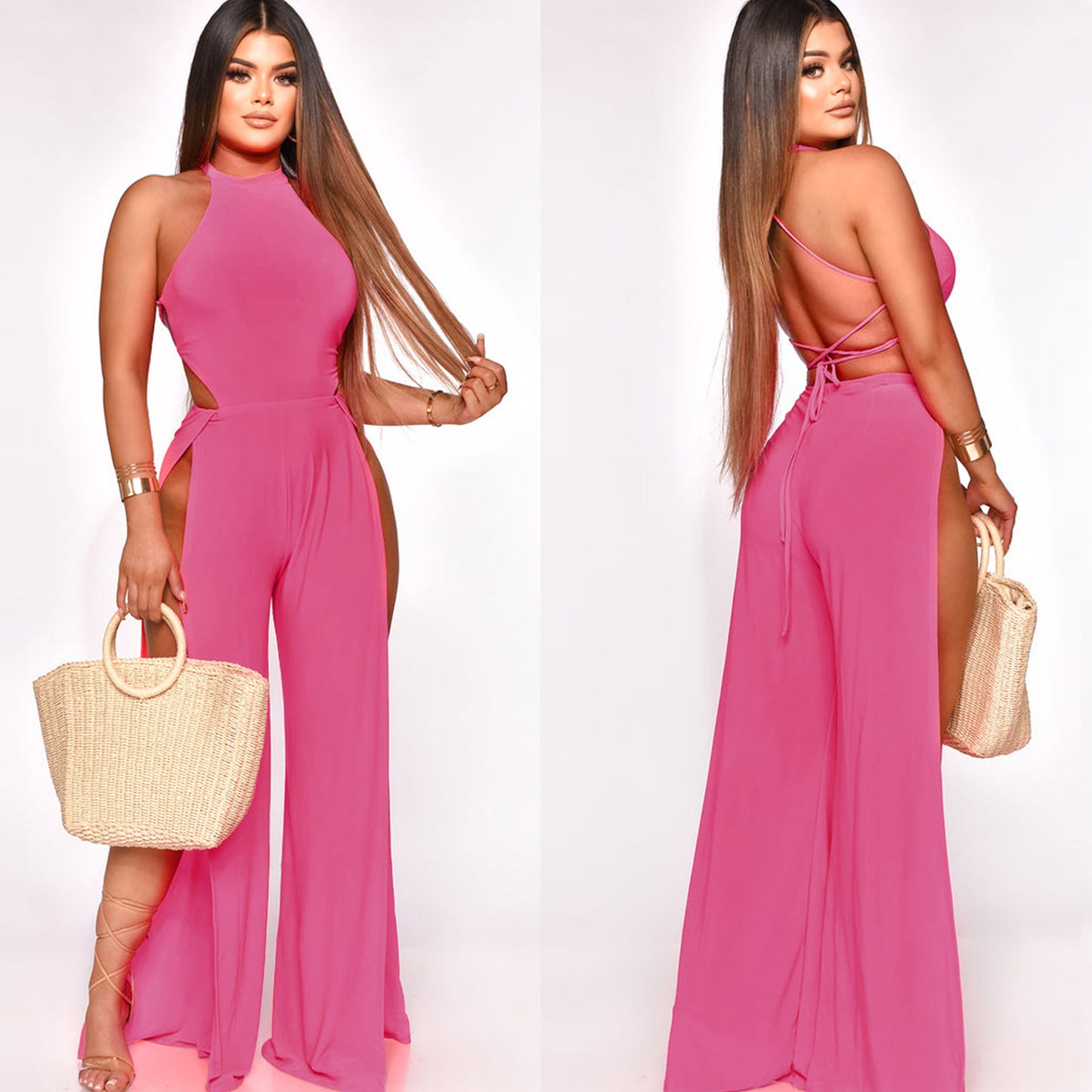 Lace-Up Back Split-Leg Jumpsuit  for Women