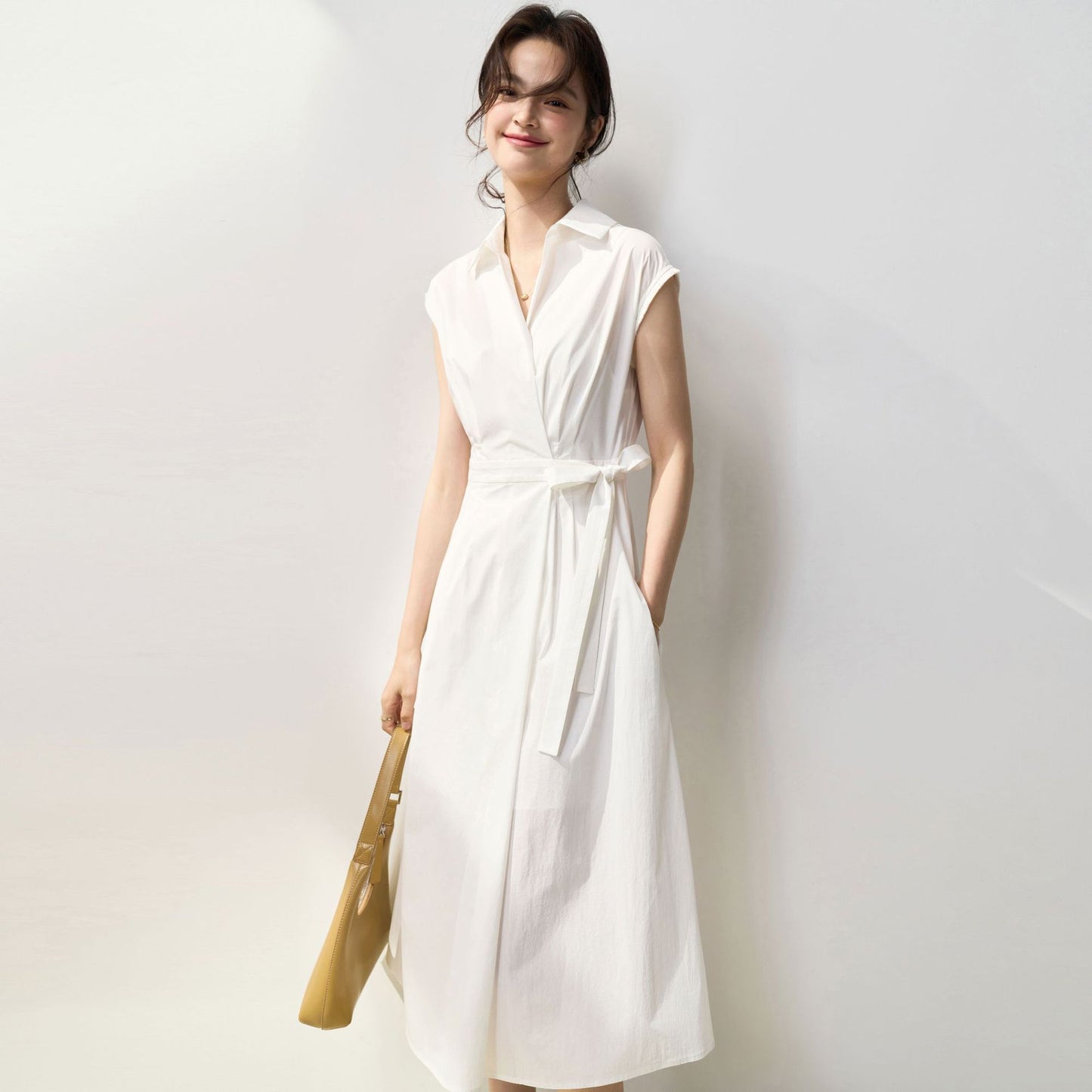 Symmetrical Pleated Vertical Cut Cinched Tie Slim-fit Cotton Shirt Dress