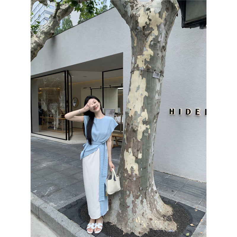 Gentle-Design Two-Piece Patchwork Cinched Tie Slim-Fit Dress