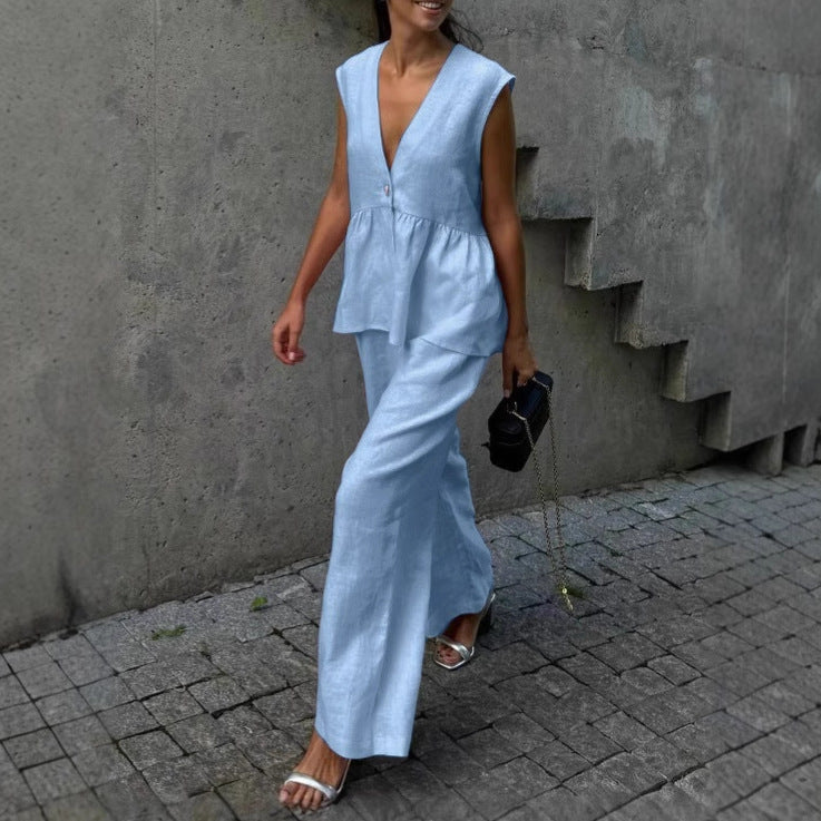 V-Neck Vest & Wide-Leg Pants Outfit