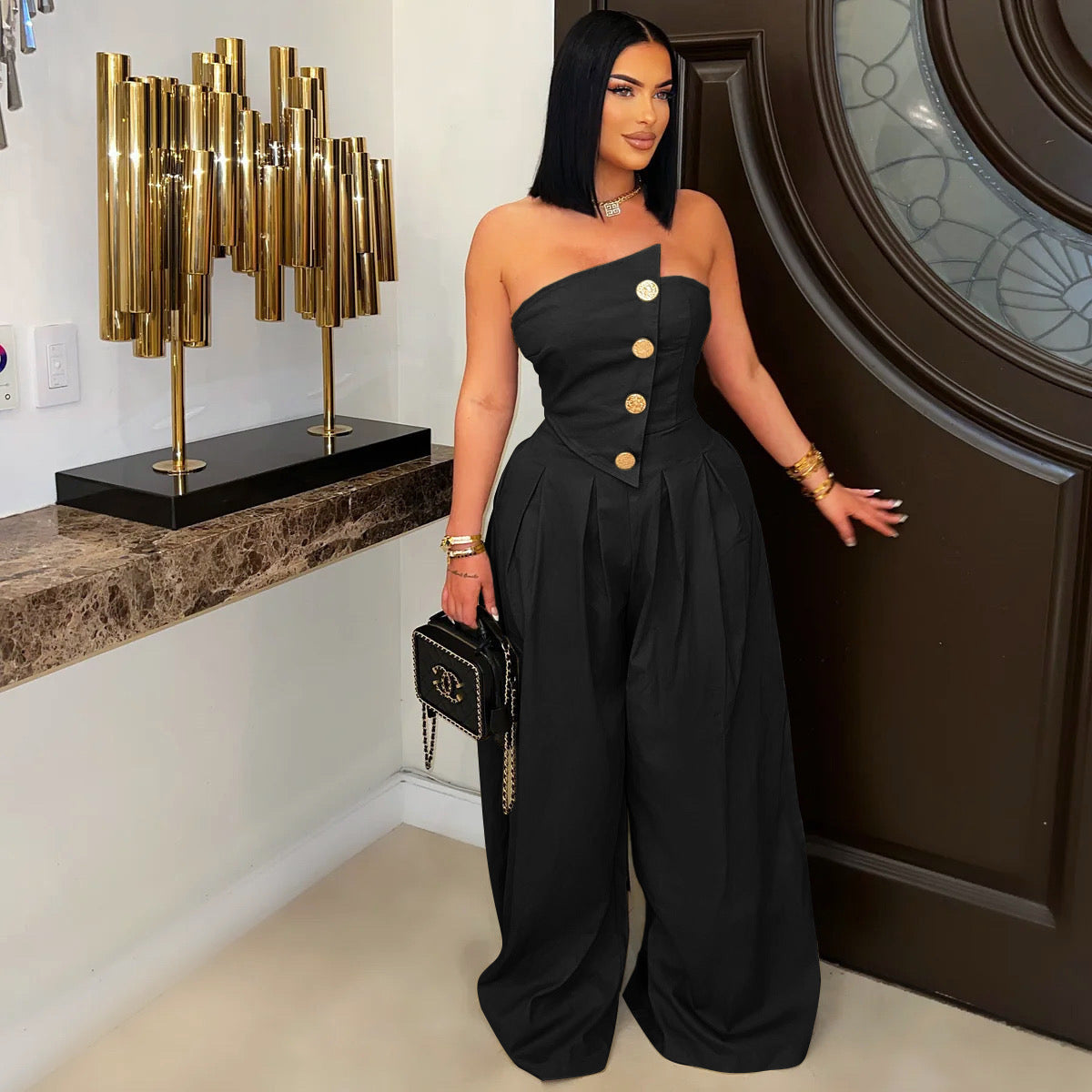 Tube-Top Sleeveless Metal Button Wide-Leg Jumpsuit