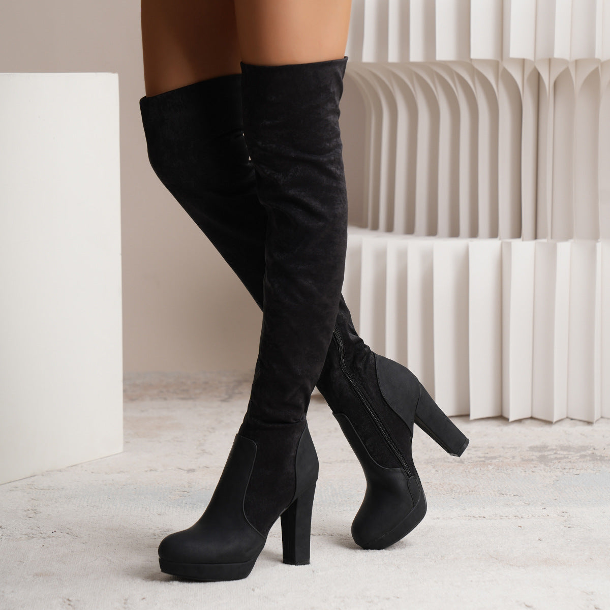 Elastic Suede Square-Heel Boots