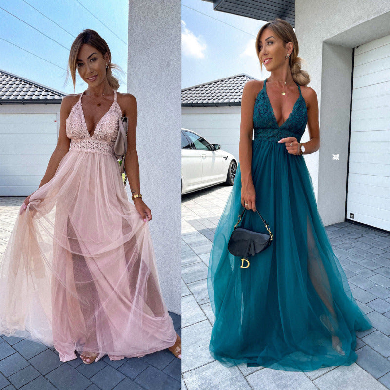 Sleeveless Split Large Swing V-neck Casual Mesh Dress