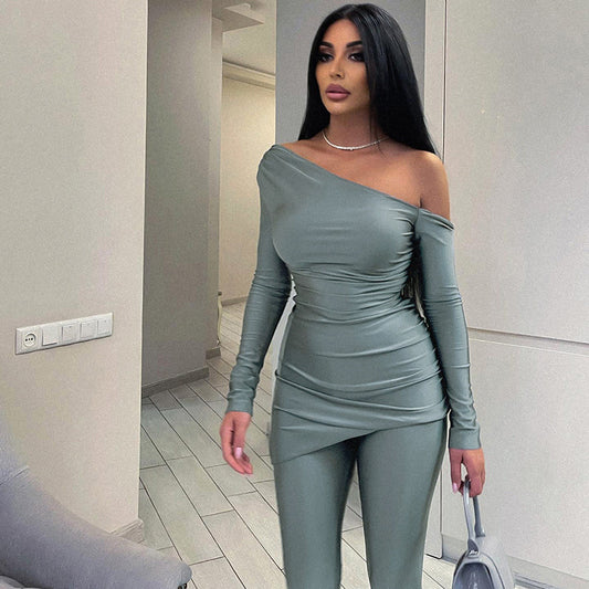 Cold-Shoulder Long-Sleeve Solid-Colour Top + Tight Trousers Casual Suit For Women