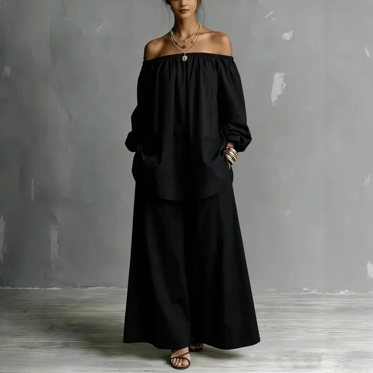 Off-shoulder Womens Cotton And Linen Wide-leg Pants Set