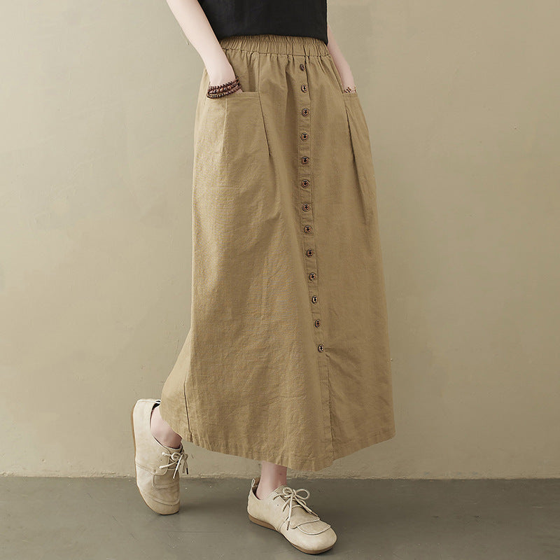 Literary Loose Solid Color Cotton And Linen Elastic Waist Skirt