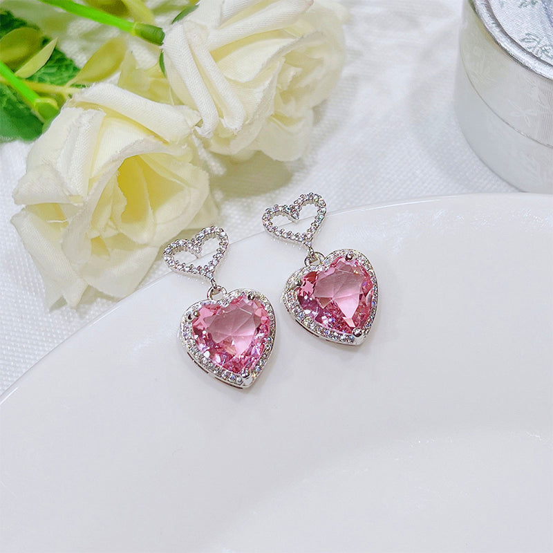 New Light Luxury Premium Feeling Pink Crystal Heart Earrings For Women