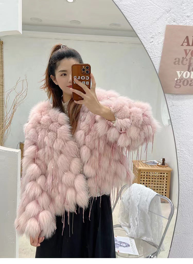 Plush Fox Fur Female Short Tassel Thickened Coat