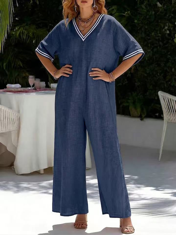 Womens Fashionable Casual Solid-Color Wide-Leg Jumpsuit