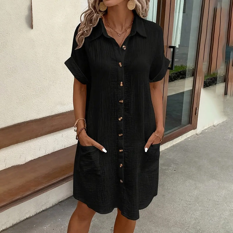 Short-Sleeve Tunic Shirt Dress With Pockets - US Only