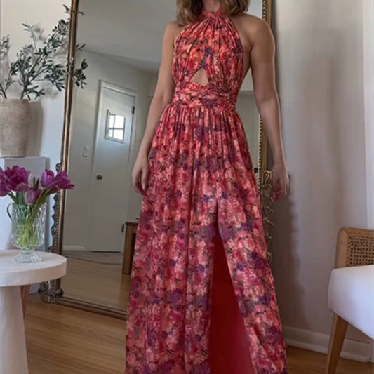 Cross-Collar Printed Lace Pleated Sleeveless Dress
