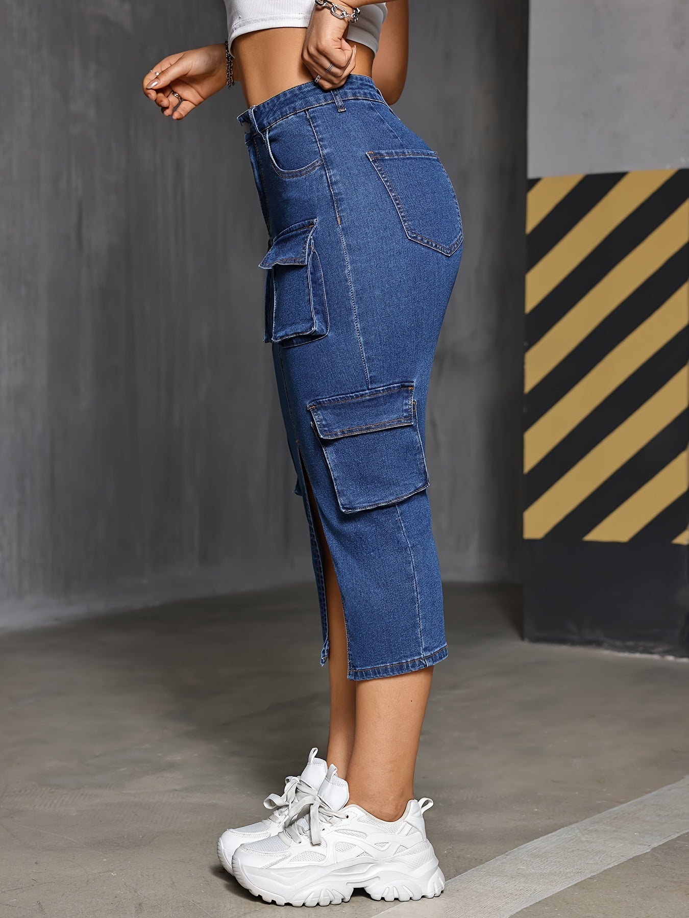 Slit Denim Midi Skirt With Multiple Pockets