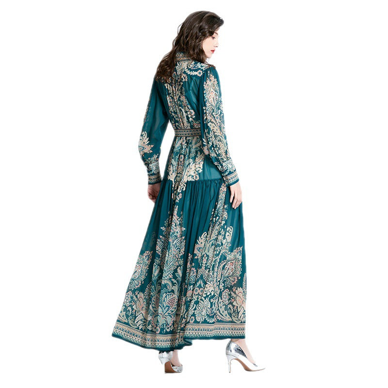 Stand-Up Collar Puff-Sleeve Lace Printing Dress