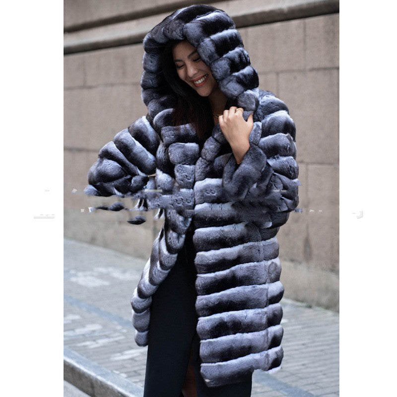 Posh Striped Hooded Warm Midi Women's Coat