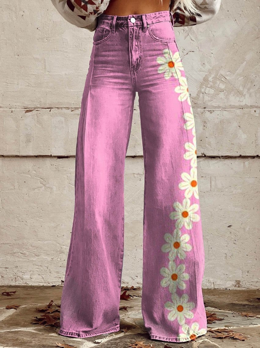 Women's 3D Printed Denim Wide-Leg Pants