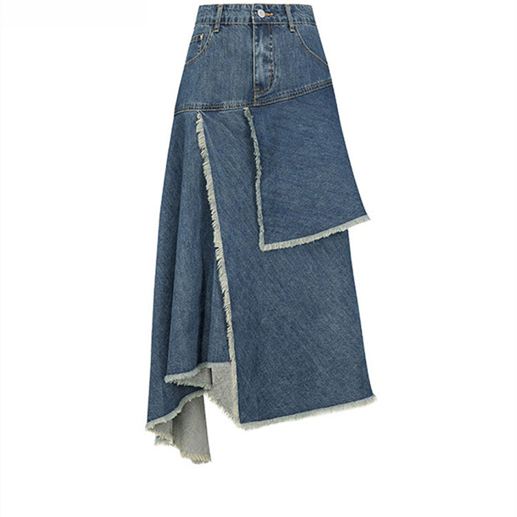 Retro High-Waist Irregular Denim Skirt