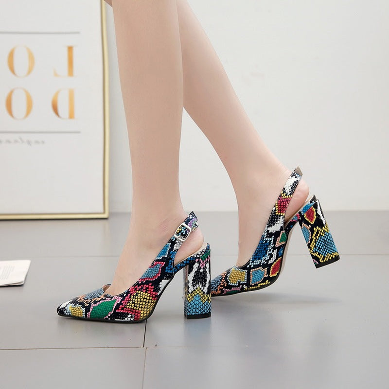 Snake Print Thick-Heel Pointed Shoes For Women