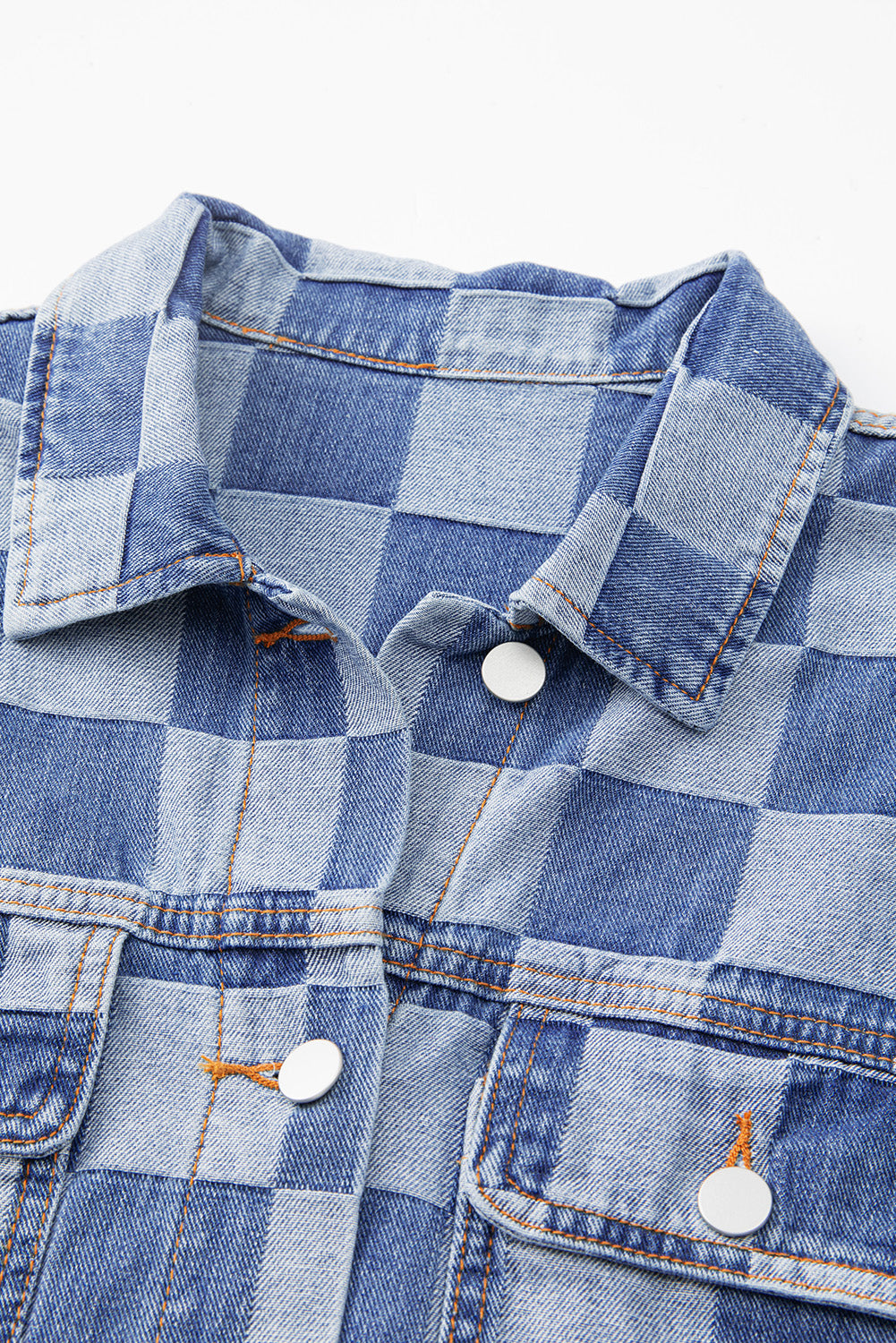 Light Blue Chequered Patchwork Button-Up Denim Jacket