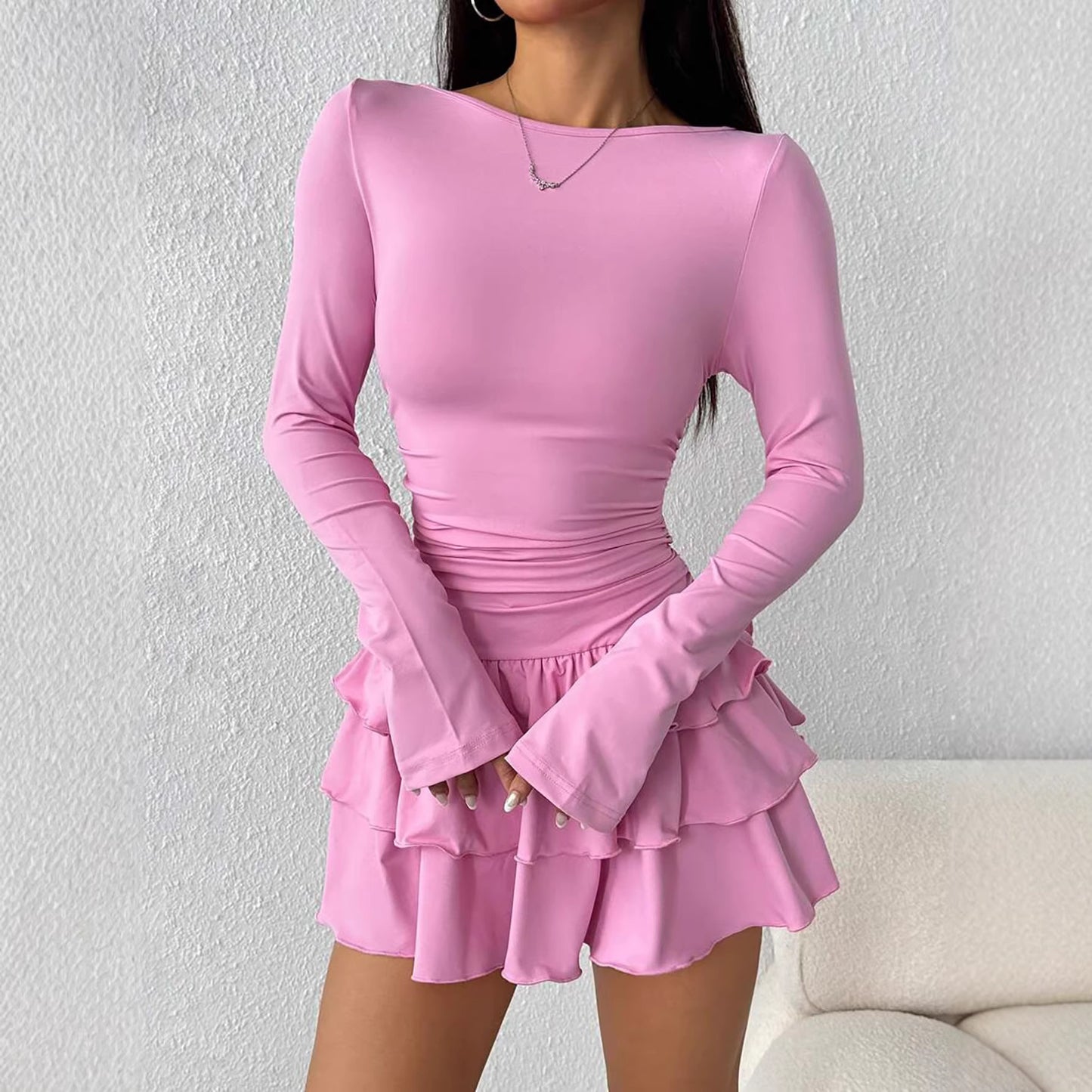 Round-Neck Pleated Sheath Dress