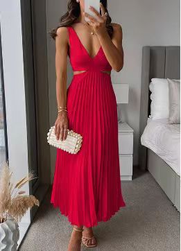 Summer New V-neck Sleeveless Hollow Backless Pleated Dress