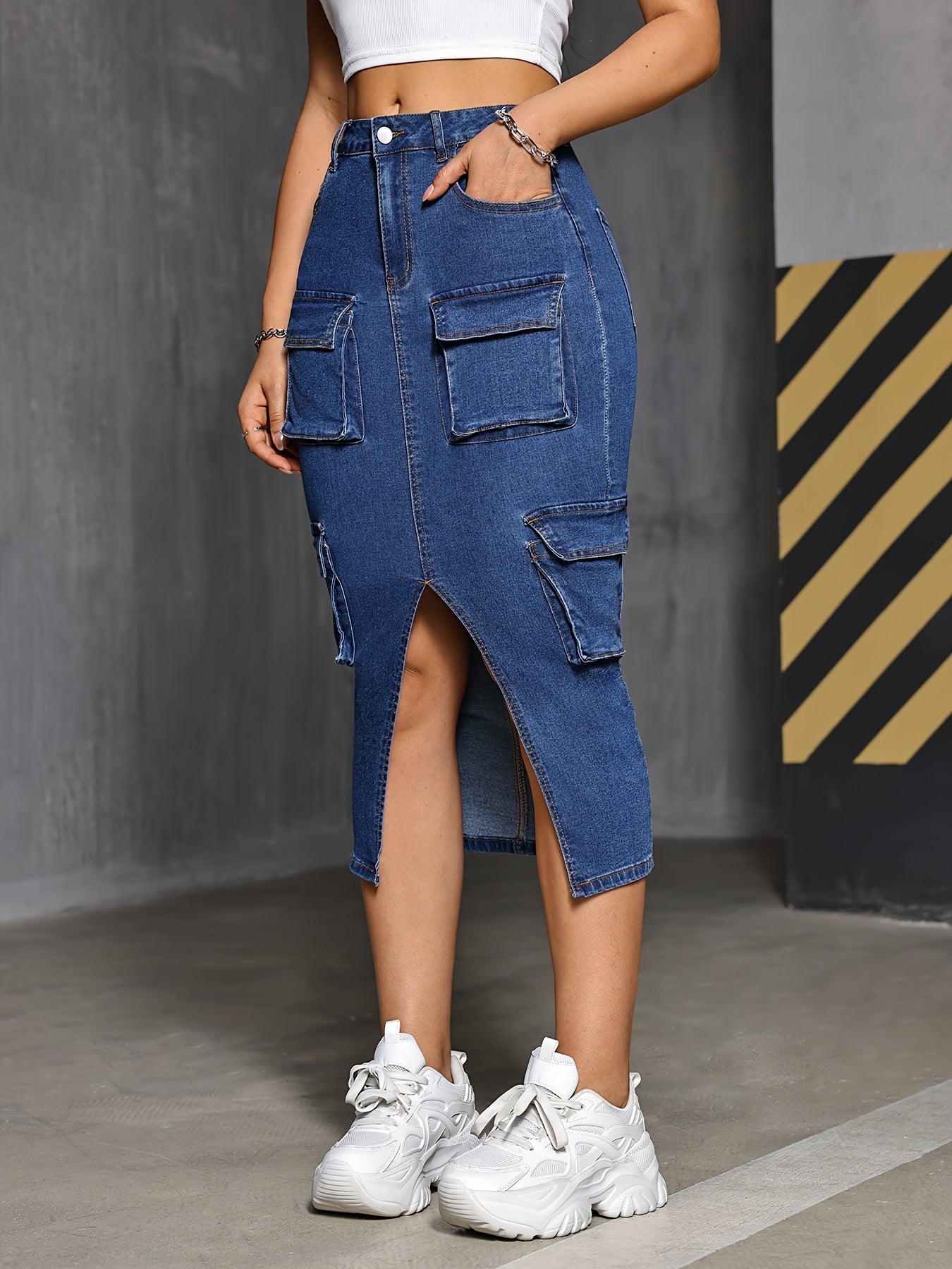 Slit Denim Midi Skirt With Multiple Pockets