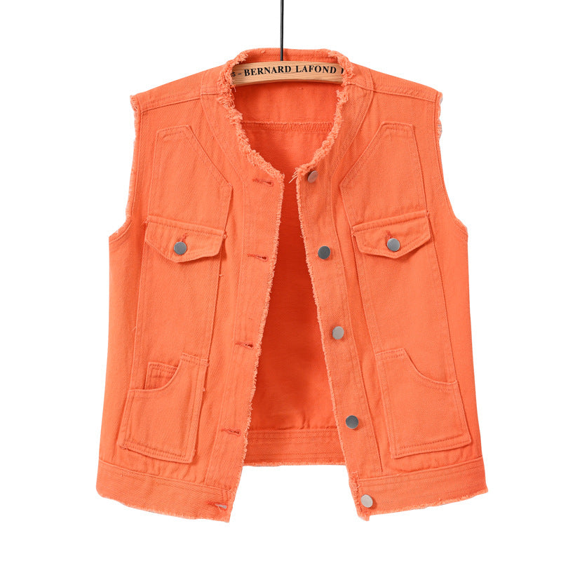 Candy-Colored Sleeveless Waistcoat With Raw Hem Womens Top