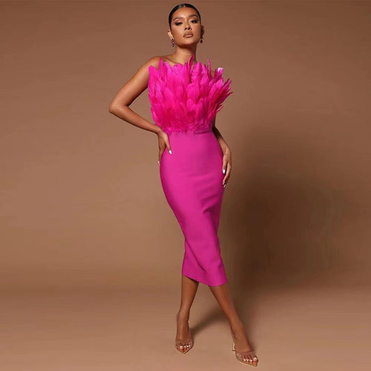 Feather Stretch Slim-Fit Bandage Tube-Top Dress