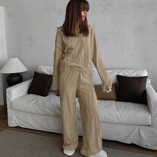 Comfortable Soft Knit Long-sleeve Top And Pants Pajama Set For Home Wear