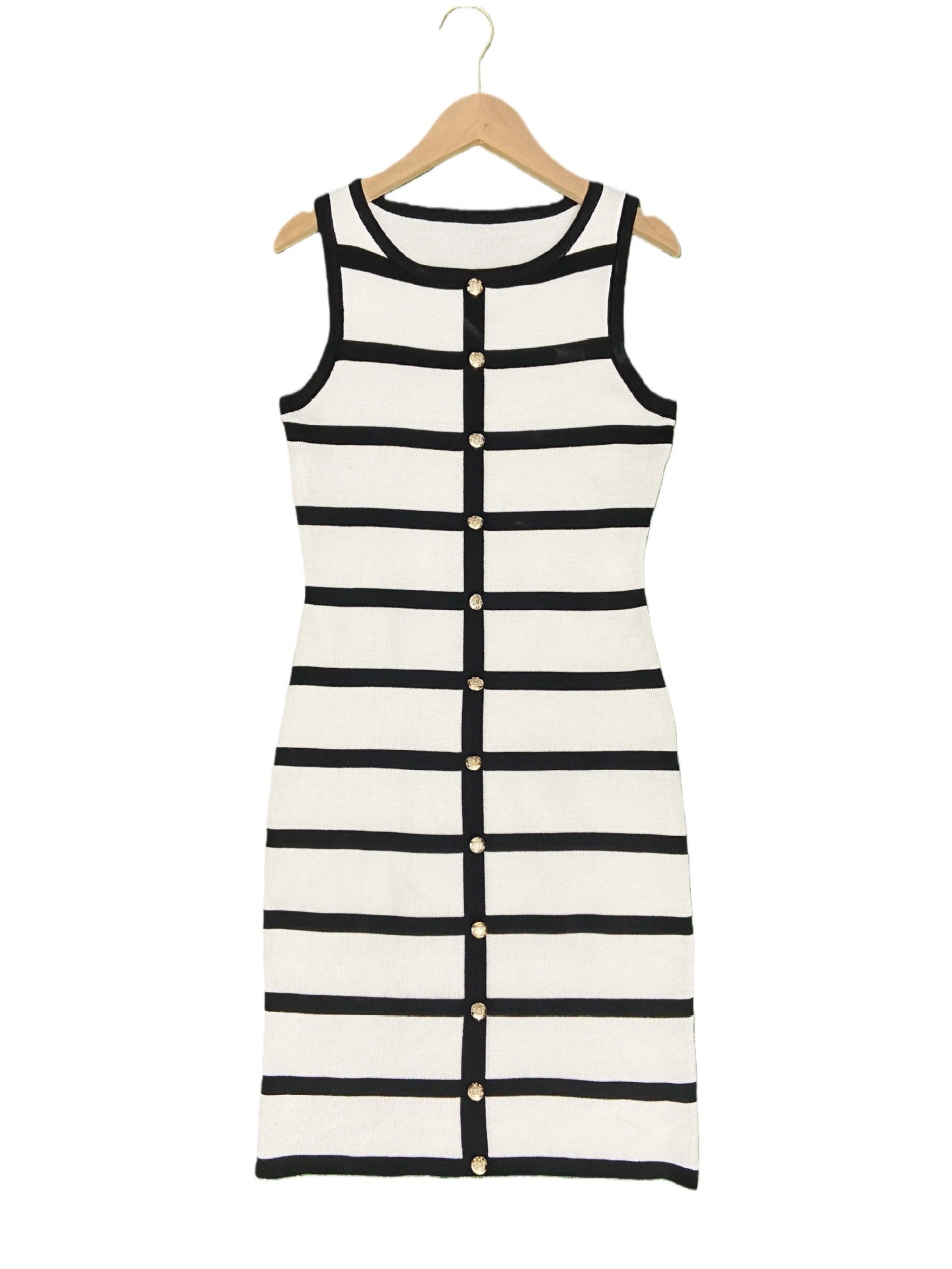 Contrast-color Striped Sleeveless Crew-neck Single-breasted Dress
