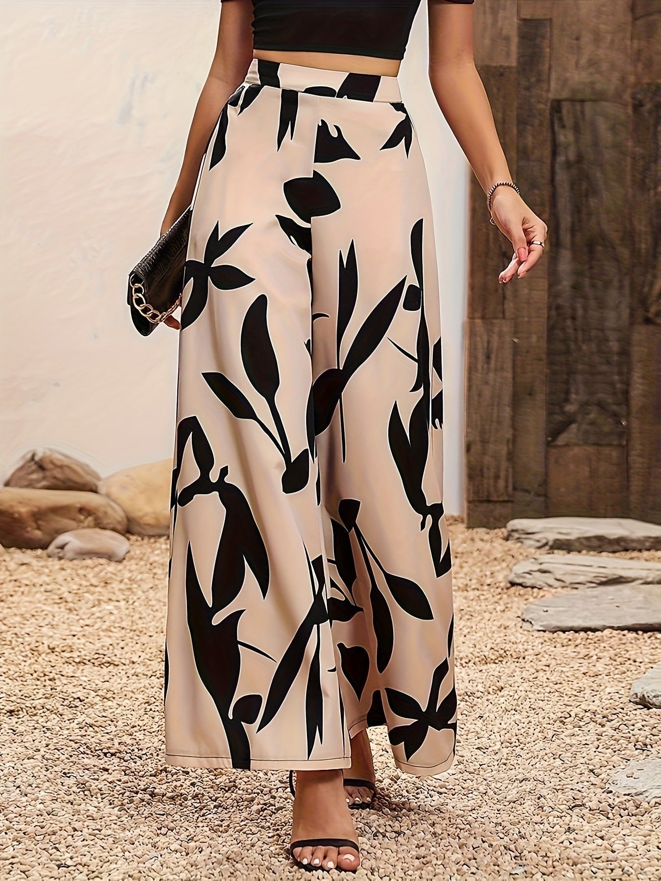 Leaf Print Wide-Leg Casual Pants