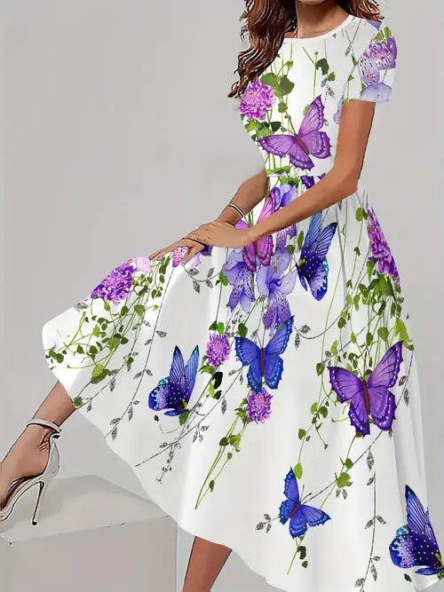 Trendy Casual All-matching Floral Pattern Short Sleeve Round Neck Dress
