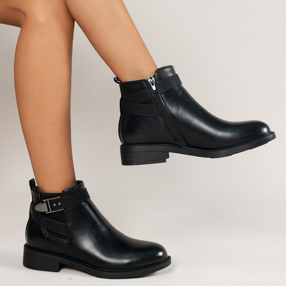 Chelsea Black Ankle Boots For Women - Side Zipper Buckle Shoes