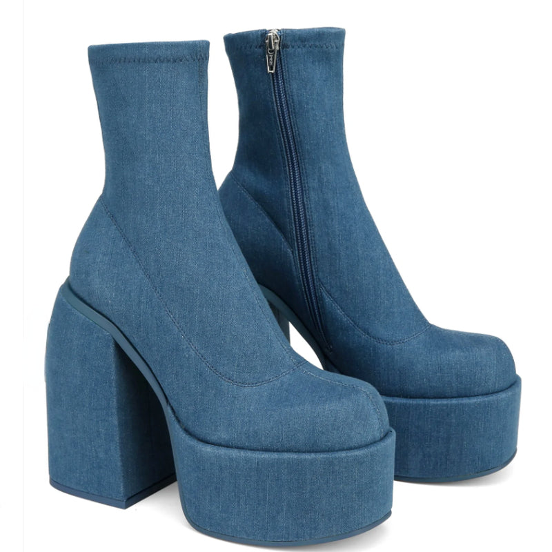 Chunky Heel Boots For Women - Fashion High-Heel Shoes With Side Zipper