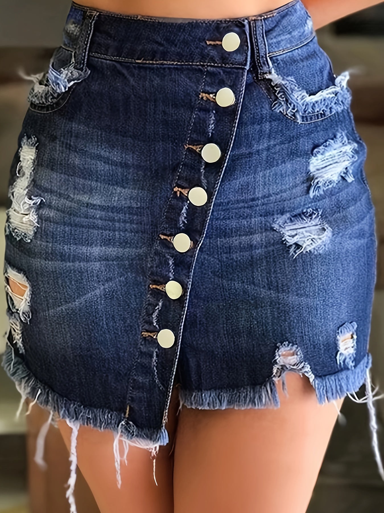 Ripped Raw-Hem Denim Mini Skirt