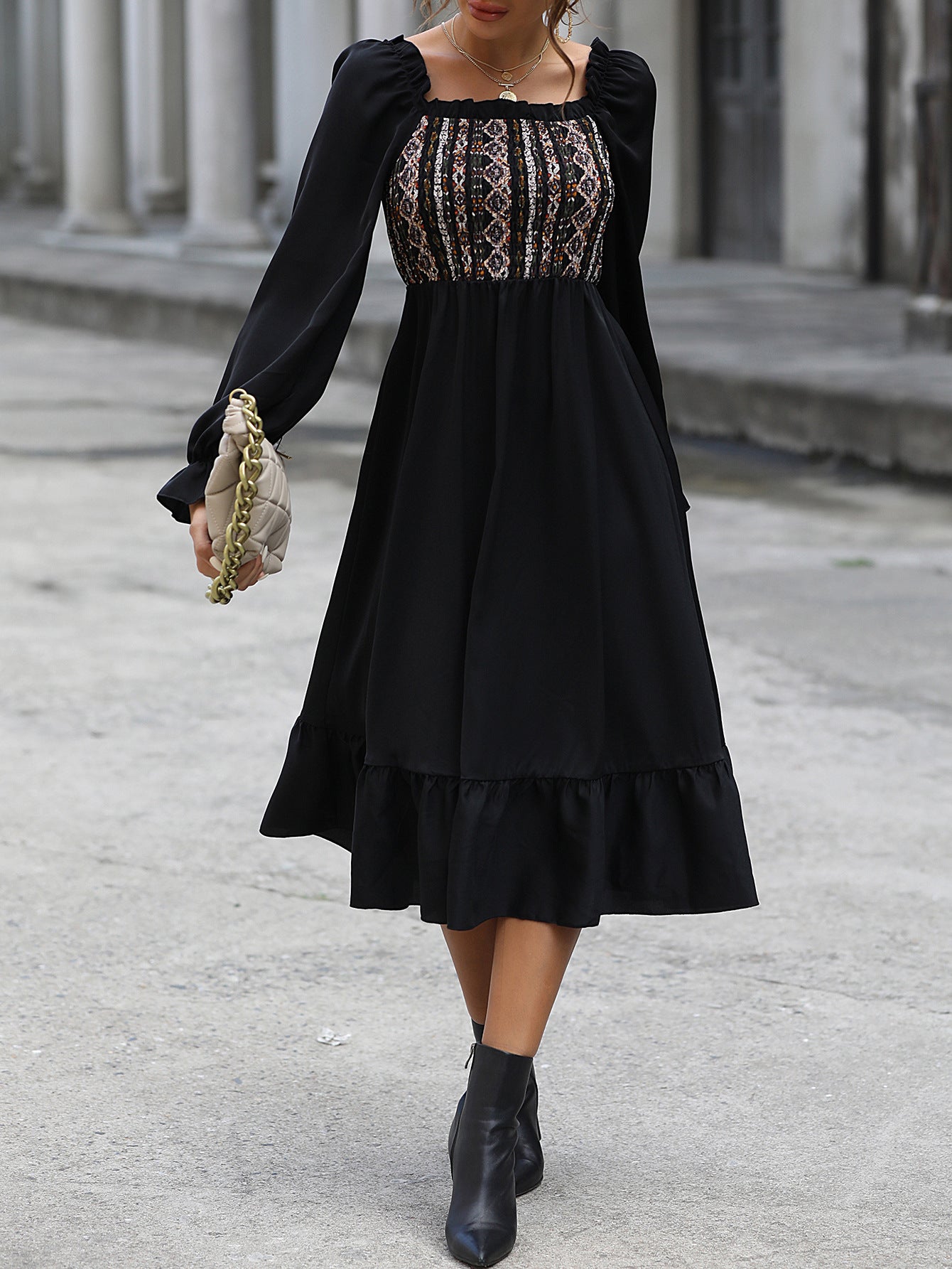 Women's Square-Neck Cinched Midi Dress