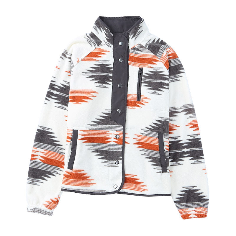 Women's  Colour-Contrast Printed Fleece Coat