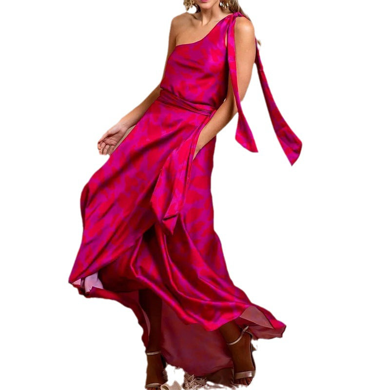 One-Shoulder Lace-Up Girdle Belt Sling Dress