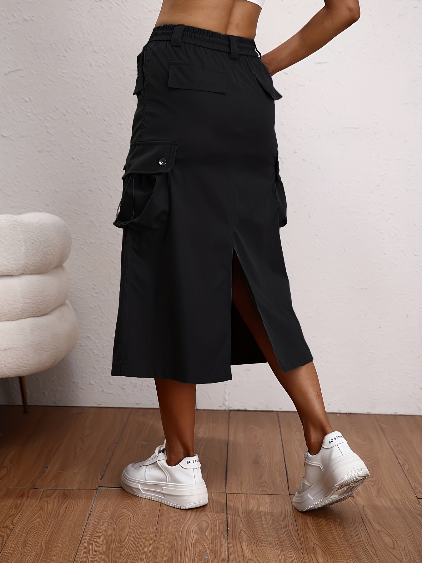 Solid Flap Pockets Skirt