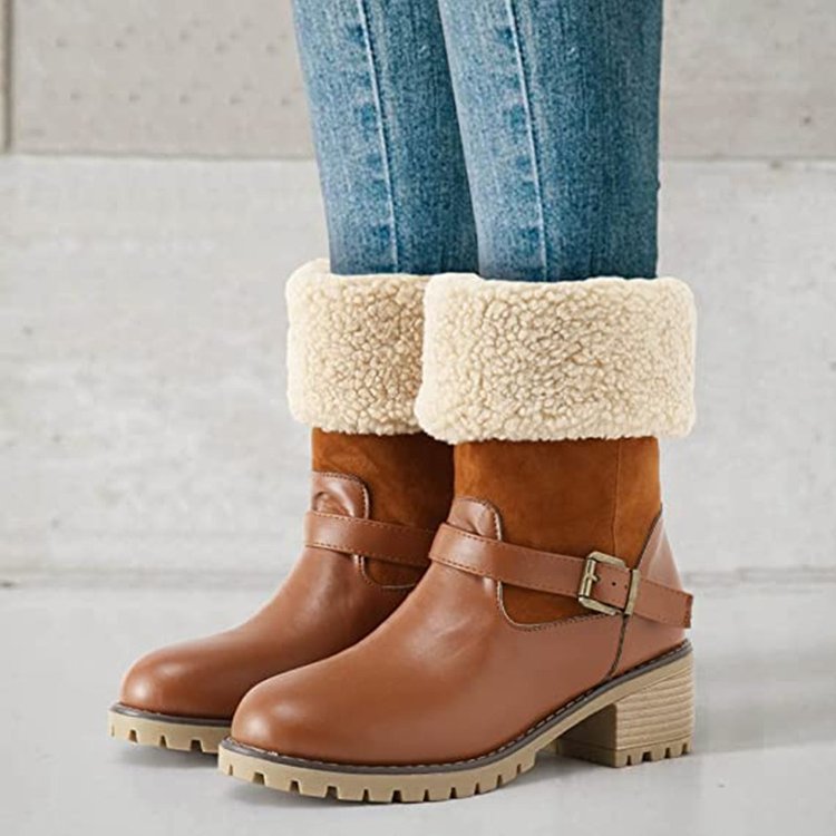 Fashion Round-Toe Boots With Buckle Chunky Heel