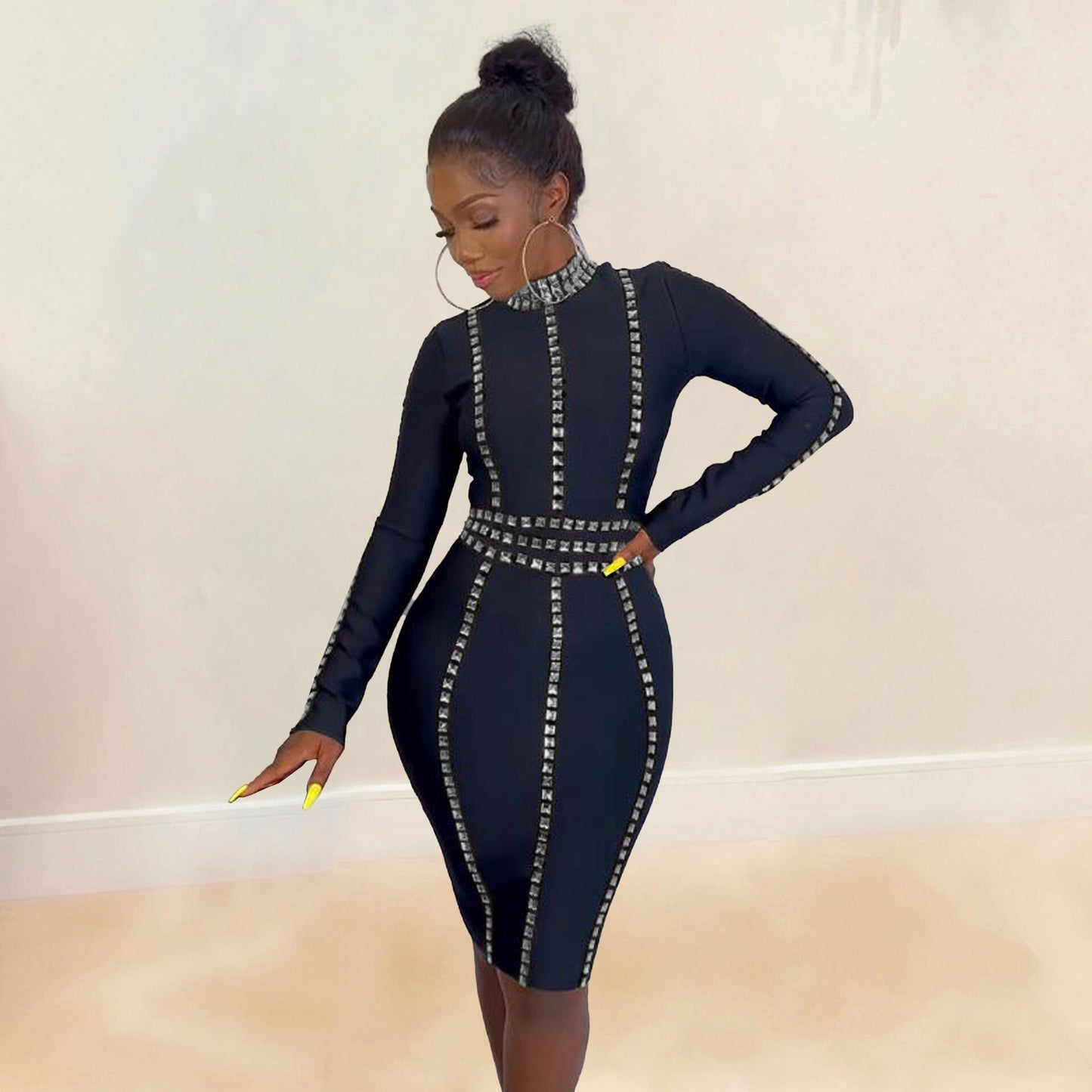 Tight Slim-Fit Rhinestone Stretch Midi Dress
