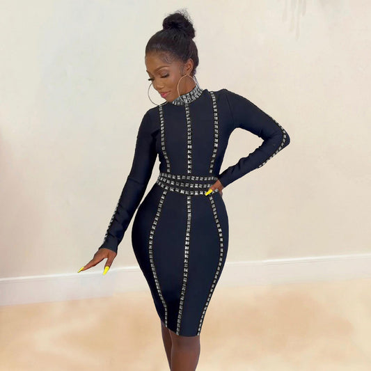 Tight Slim-Fit Rhinestone Stretch Midi Dress