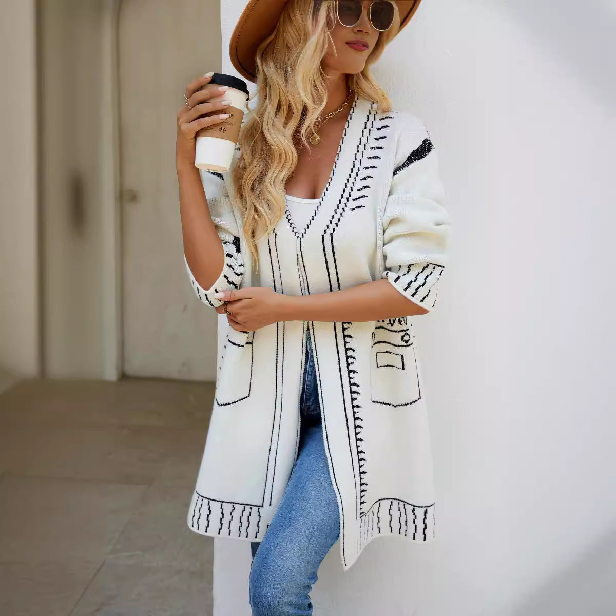 Long Jacquard Lazy Knitting Sweater Coat