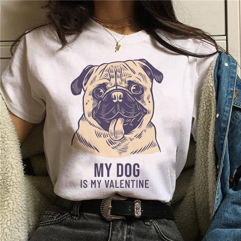 Pug Print Round-Neck Short-Sleeve Women's T-Shirt