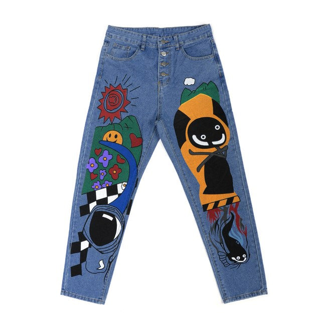 Cartoon Printed Harem Jean Trousers For Women