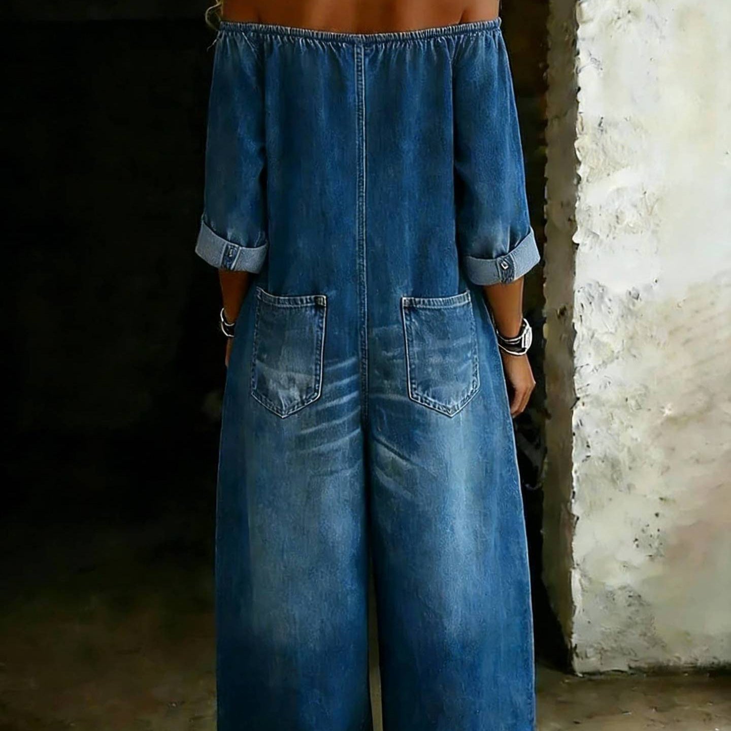 Single-breasted Off-shoulder Washed Faux Denim Jumpsuit