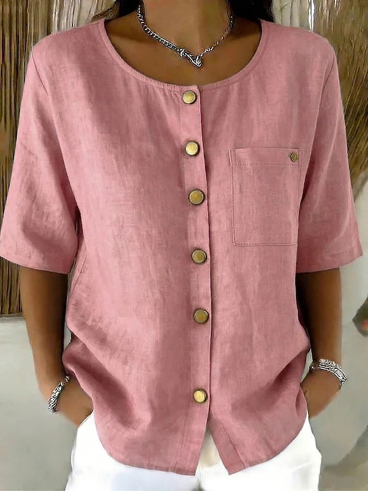 Womens Crew-Neck Shirt With Metal Buttons And Three-Quarter Sleeves