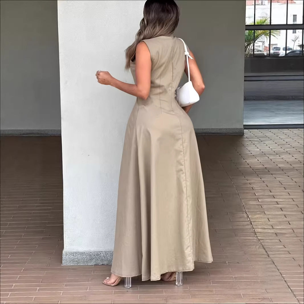 Womens Casual Elegant Sleeveless Long Dress Shirt
