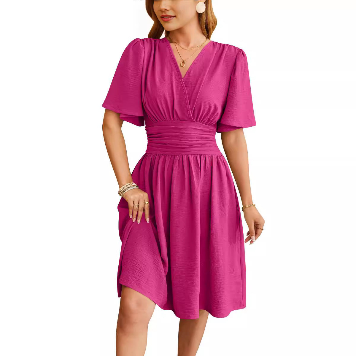 V-Neck Fitted-Waist Flare-Sleeve Midi Dress