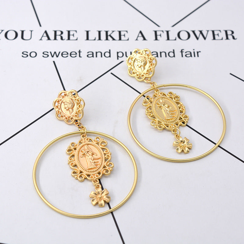 Exaggerated Baroque Head Coin Hoop Earrings For Women